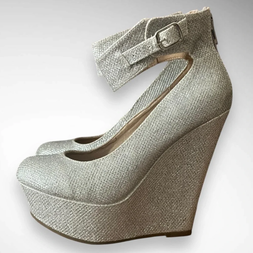DREAM PAIRS‎ Mary Jane Silver Glitter Platform Wedge Ankle Strap Shoes 5.5 | EUC